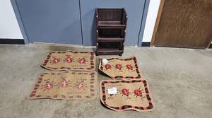lot 151 image: Set of Shaw Living Novelty Doormats and 3-Tier Brown Wicker Storage Rack