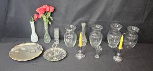 lot 163 image: VTG Glass and Metal Decorative Vase, Plate, and Candle Holder Collection