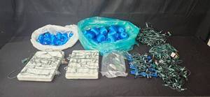lot 166 image: Collection of Christmas Lights and Blue Ornament Balls in Storage Bin