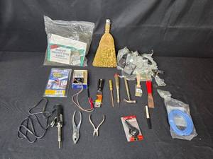 lot 173 image: Mixed Lot of Hand Tools, Electrical Parts, Insect Shirt, and Cleaning Items