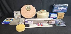lot 177 image: Household and Bathroom Accessory Lot with Vintage Scale, Filters, Hair Styler, and More