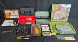 lot 182 image:  Mixed Hand Tools, Art Supplies, Storage Boxes and Cat Poster Lot