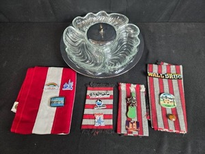 lot 186 image: Glass Divided Serving Tray with Metal Base, Fabric Napkins & Runner & Set of Vintage Travel Magnets