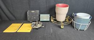 lot 195 image: Heathkit HR-13 DC Power Supply, HS-24 Mobile Speaker, Manuals, Cables, and Assorted Planters