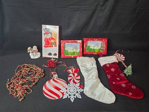 lot 206 image: Holiday Decor Collection with Fitz and Floyd Tray, Stockings, Photo Frames and Ornaments
