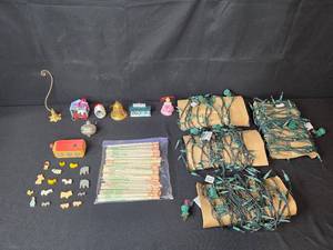 lot 208 image: Holiday Ornament Collection with Vintage Wood Animal Puzzle, Chopsticks, and Christmas String Lights