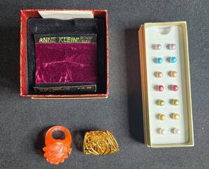 lot 215 image: Jewelry Lot with Anne Klein Scarf Tube, Colorful Stud Earrings, Orange Squishy Ring
