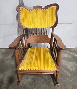 lot 216 image: Vintage Wood Rocking Chair with Yellow Velvet Upholstery