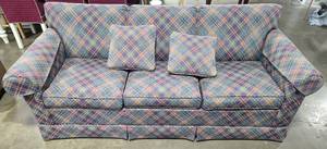 lot 221 image: Ethan Allen Plaid Sleeper Sofa with Mattress and 2 Matching Pillows - no moving assistance available