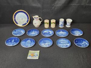 lot 225 image: Collection of Decorative Plates, Coalport Bone China, Otagiri Salt and Pepper, and Caughley Mask-Head Jug