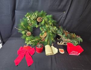 lot 226 image: Holiday Decor Collection with Pine Wreath, Sleigh Centerpiece, Bows, and Storage Box