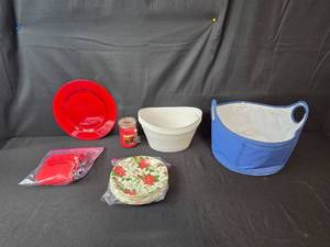 lot 227 image: Holiday Partyware Lot with White Plastic Tubs, Blue Storage Basket, Plates, Napkins, and Cinnamon Candle
