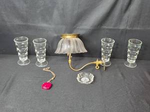 lot 234 image: Collection of 4 Glass Tumblers, Brass Wall Sconce with Shade, Grouse Ashtray, and Tape Measure