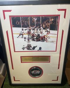 JIM CRAIG Autographed USA Hockey Puck in Framed Poster Encapsulating 1980's USA Olympic "Miracle On Ice" Victory over Russia!