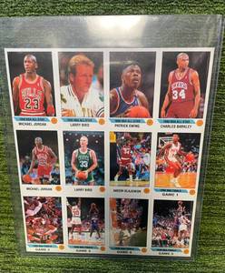 lot 349 image: 1990-91 Panini Basketball UNCUT SHEET- 2 Jordans, 2 Birds, Ewing, Barkley, & More