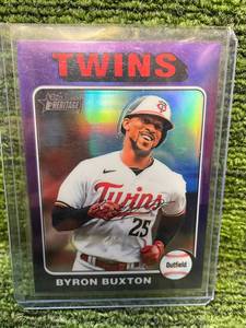 lot 310 image: 2024 Topps Heritage Byron Buxton Purple Chrome Refractor Minnesota Twins