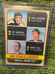 lot 403 image: 1972-73 Topps Hockey NHL GOAL LEADERS Phil Esposito, Bobby Orr, Jean Ratelle