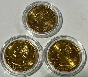 lot 20 image: Lot of 3 .999 24kt Gold Plated Quarters