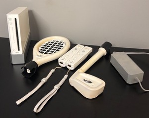 lot 134R image: O - Nintendo Wii RVL-001 Console with 2 Remotes, NERF Sports Attachments and Power Adapter