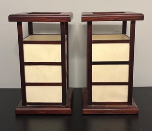 lot 376R image: O - Pair of Berman Table Lamps with Wood and Paper Panel Design
