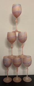 lot 377R image: O - Set of 6 Frosted Art Glass Wine Goblets with Purple Drip Design