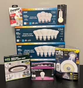 lot 422R image: MB - Collection of LED Light Bulbs, Utility Shop Light, and Over Lite Fixture