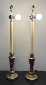 lot 436R image: O - Pair of Tall Brass Table Lamps with Red Accents
