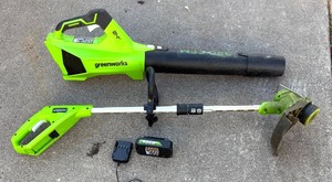 lot 451R image: G - Greenworks Cordless String Trimmer and Axial Blower Set with 1 Battery and 1 Charger
