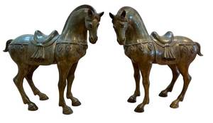 lot 2 image: Pair of Large Metal Tang Dynasty-Style Horse Sculptures