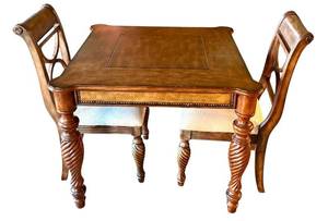 lot 18D image: LR - Square Wood Dining Table with 2 Upholstered Chairs and Drawers