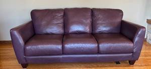 lot 21D image: LR - Eggplant Leather 3-Seat Sofa, 83-Inch, Very Good Condition