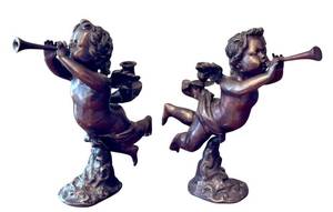 lot 22D image: LR - Pair of Department 56 Cast Metal Cherub Candle Holders with Trumpets
