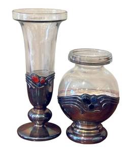 lot 24D image: Domar Israel 925 Sterling Silver and Glass Vase Pair with Malachite, Carnelian, and Onyx Accents