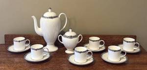 lot 29D image: LR - Wedgwood Amherst Bone China Coffee Set with 10 Cups, Coffee Pot, Sugar Bowl, and Creamer