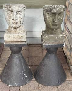 lot 36D image: SY - Pair of Concrete Head Sculptures on Pedestals