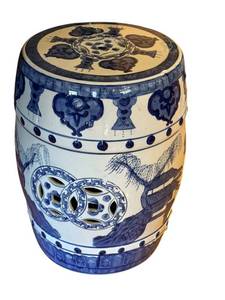 lot 40D image: LR - Porcelain Blue and White Garden Stool with Scenic Motif