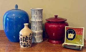 lot 54D image: Asian-Inspired Ceramic Decor Set with Jars, Vase, and Tea-Themed Plates