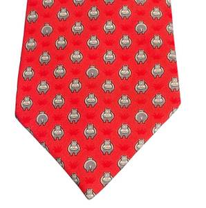 lot 55T image: Hermes Paris 100% Silk Hippo Print Red Necktie  Hermes Silk tie 5195