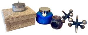 lot 61D image: LR - Home Decor Assortment with Candles, Decorative Box, Jacks and Fragrance Burner