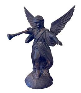 lot 62DD image: LR - Carved Wooden Angel Figurine with Trumpet, 19.5 Inches Tall