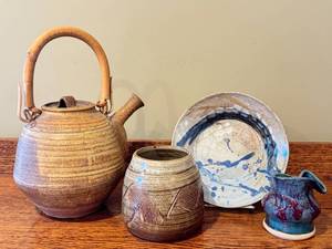 lot 66D image: LR - Handcrafted Pottery Set with Teapot, Cup, Plate and Small Pitcher
