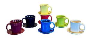 lot 69D image: Set of 7 Fiesta Tapered Mugs with Colorful Paired Saucers