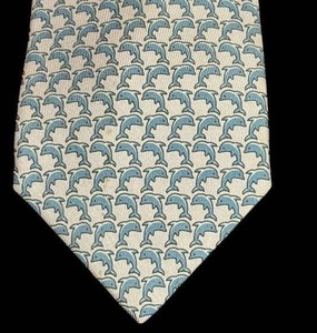 lot 71T image: Hermes Paris 100% Silk Tie Blue Dolphin Pattern  Hermes Silk Tie 605791