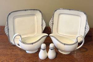 lot 79D image: Vintage Wedgwood Amherst Bone China Serving Set with Platters, Gravy Boats, and Shakers