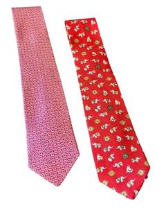 lot 98D image: Set of 2 Salvatore Ferragamo Silk Ties Red Patterned and Elephant Motif