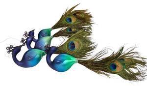 lot 107D image: K - Set of 3 Peacock Ornaments with Glass Body and Real Feathers