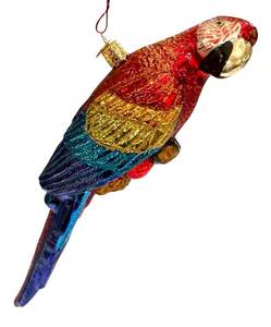 lot 108D image: JW Glass Parrot Holiday Ornament with Multicolor Glitter Finish
