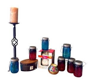 lot 176D image: K - Decorative Candle Collection with WoodWick Trilogy, Mason Jar Candles, and Candle Holder
