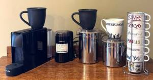 lot 177D image: K - Breville Coffee Maker with Cuisinart Grinder, Storage Canisters, and Assorted Mugs Set