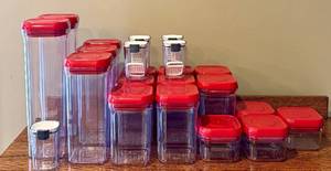 lot 179D image: K - Set of 14 Clear Plastic Food Storage Containers with Red Lids and 4 Mini Containers